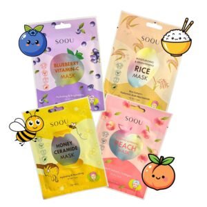 SOQU Additive Glow Masks- Variety pack of 12 Individual masks (Peach, Rice, Blueberry, Honey)