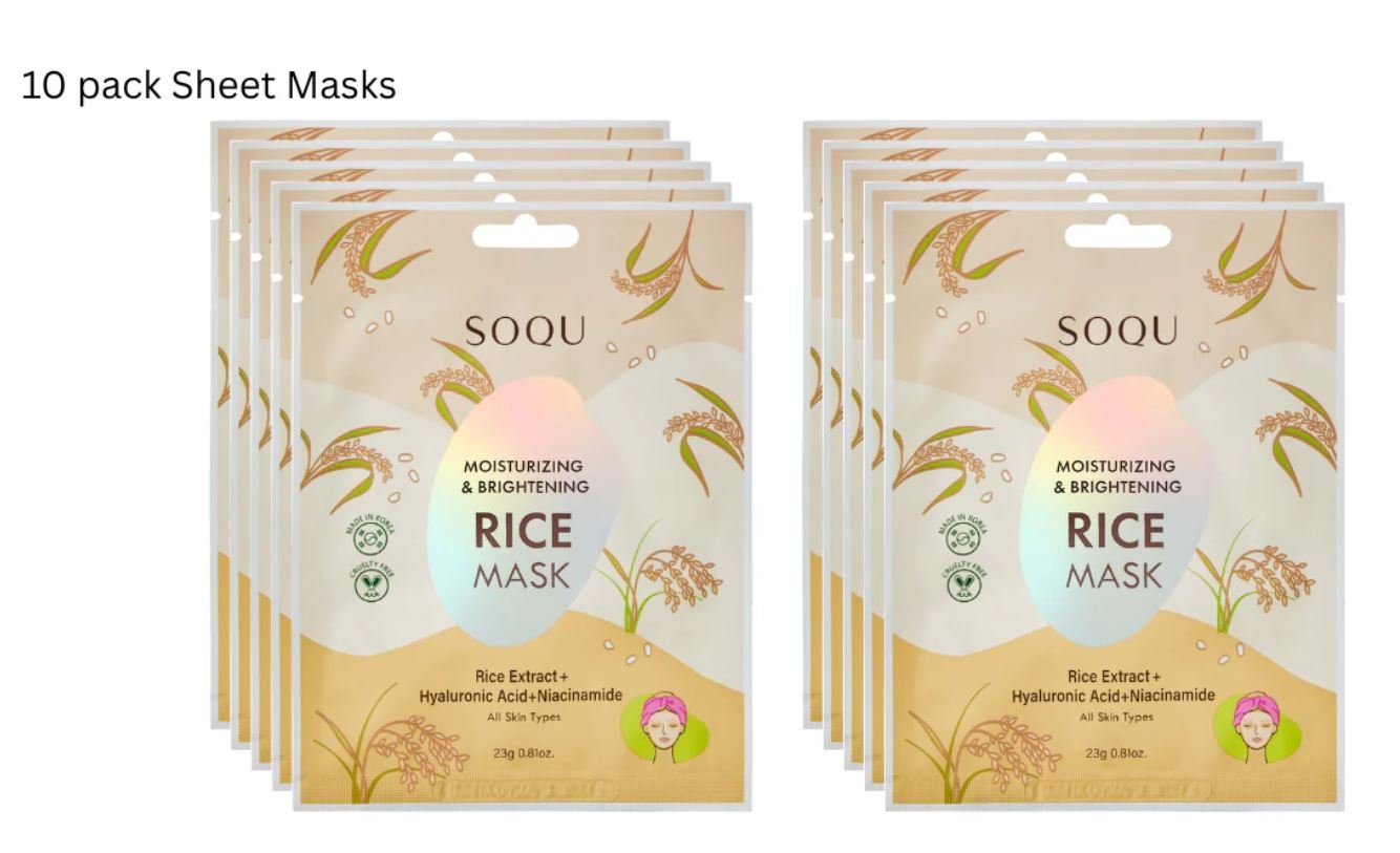 SOQU Moisturizing & Brightening Rice Mask 0.81 oz. x 10 Pack – Korean Rice Extract, Niacinamide, Hyaluronic Acid, PETA approved/Cruelty-Free