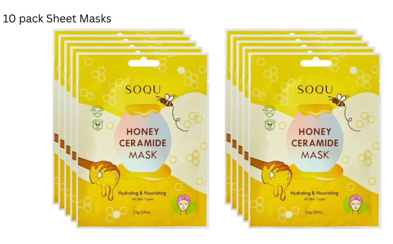 SOQU Honey Ceramide Mask 0.81 oz. x 10 Pack – Hydrating & Nourishing, PETA approved/Cruelty-Free