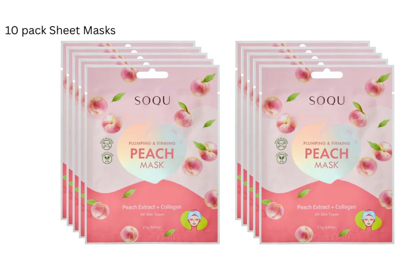 SOQU Plumping & Firming Peach Mask 0.81 oz. x 10 Pack – Peach extract with Collagen, PETA approved/Cruelty-Free